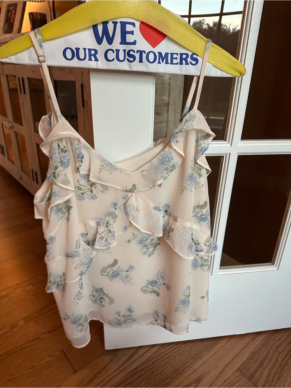 LOFT Blush Floral Ruffle Camisole with Blue Print